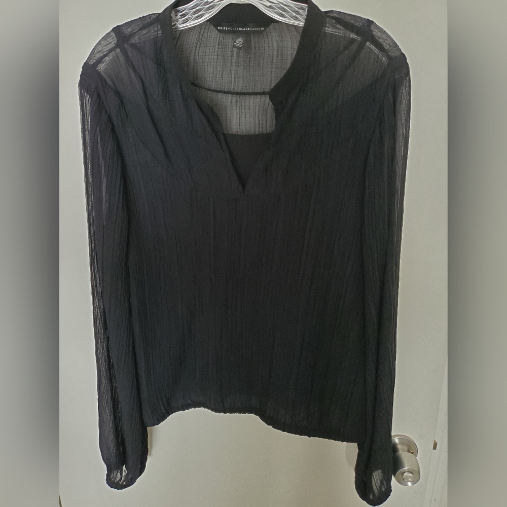 White House Black Market Sheer Black Lined Front Keyhole Blouse Size Large